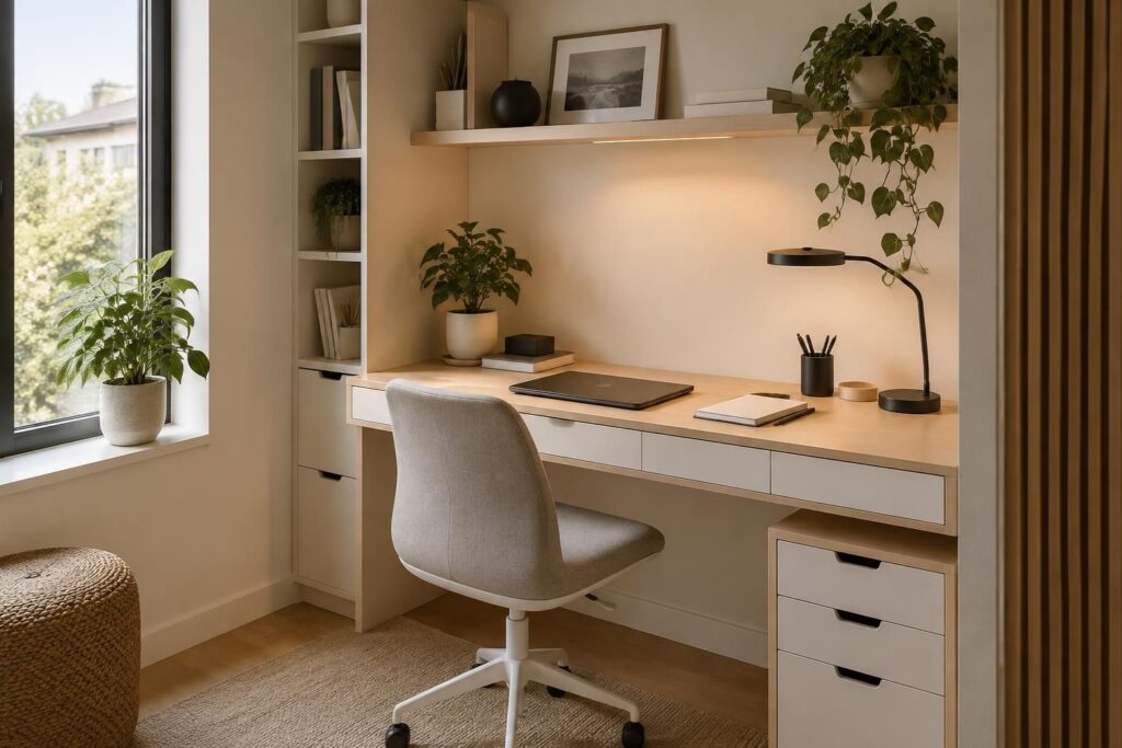 optimisez votre espace avec ce bureau design moderne doté de rangements pratiques, idéal pour aménager un coin travail fonctionnel dans une petite pièce.